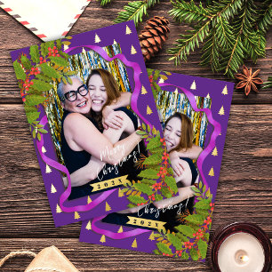 Christmas Festival Ribbon Photo Purple Foil Holiday Postcard