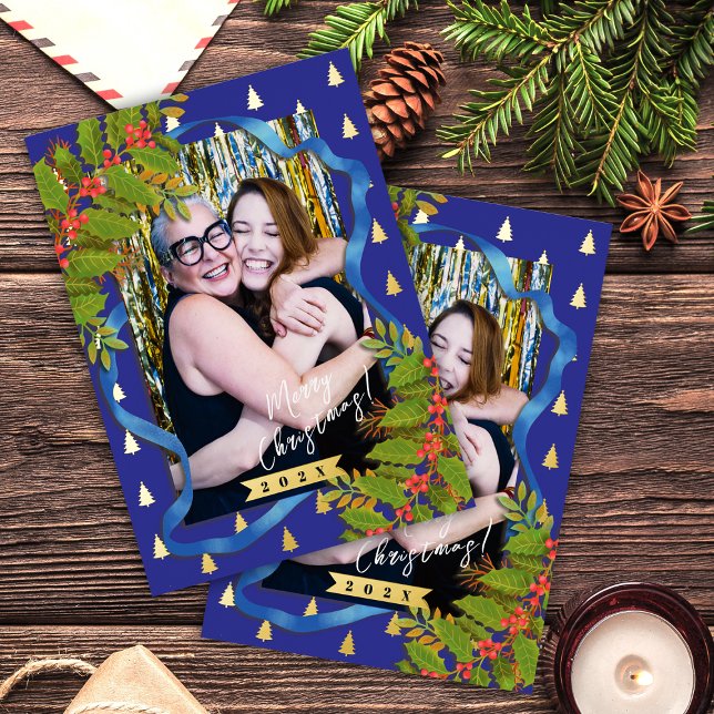 Christmas Festival Ribbon Photo Red Blue  Foil Holiday Postcard (Christmas Festival Ribbon Photo Red Blue Foil Holiday Postcard)