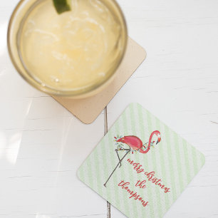 Christmas Festive Cute Flamingo String Lights  Square Paper Coaster