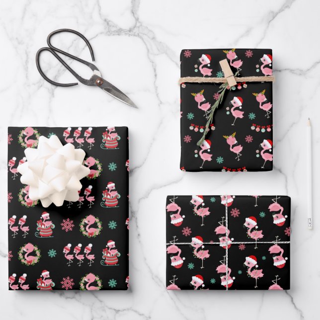 Christmas Festive Flamingo Pattern on Black Wrapping Paper Sheet (Front)