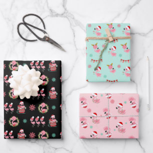 Christmas Festive Flamingo Pattern Wrapping Paper Sheet