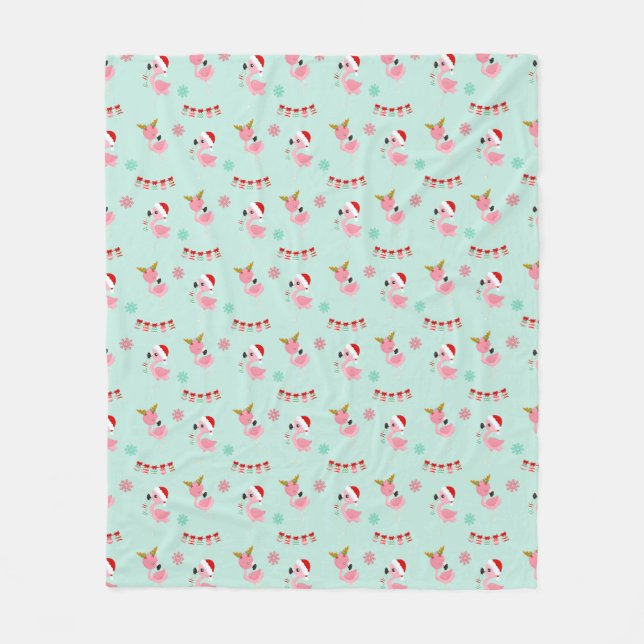 Christmas Festive Flamingos on Green Fleece Blanket (Front)