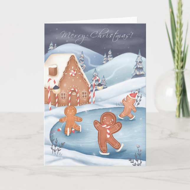 Christmas Festive Gingerbread Men Skating Card (Front)