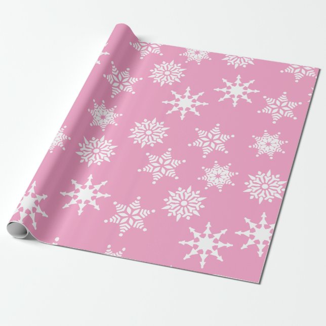 Christmas Festive Girly Pink Snowflakes Stars   Wrapping Paper (Unrolled)