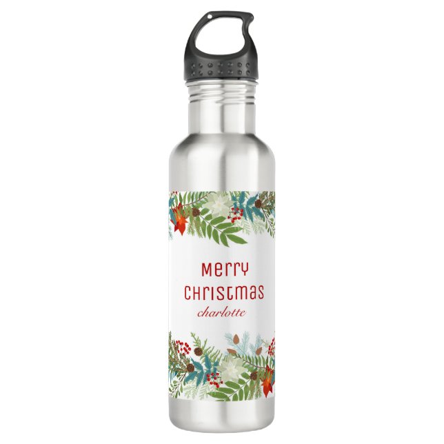 Christmas Festive Holiday Floral Personalised  710 Ml Water Bottle (Front)