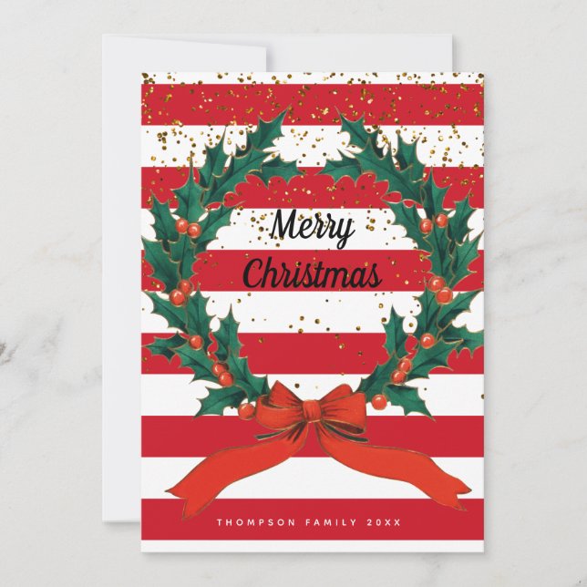 Christmas Festive Holly Berries Wreath Stripes Holiday Card (Front)
