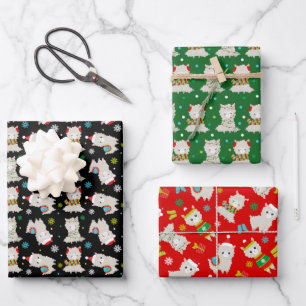Christmas Festive Llamas on Black, Green and Red Wrapping Paper Sheet