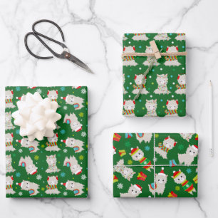 Christmas Festive Llamas on Green Wrapping Paper Sheet