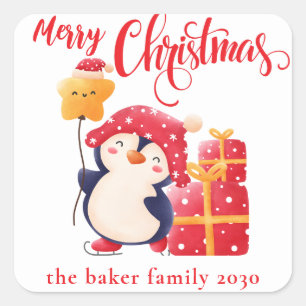 Christmas Festive Penguin Red Custom personalised Square Sticker