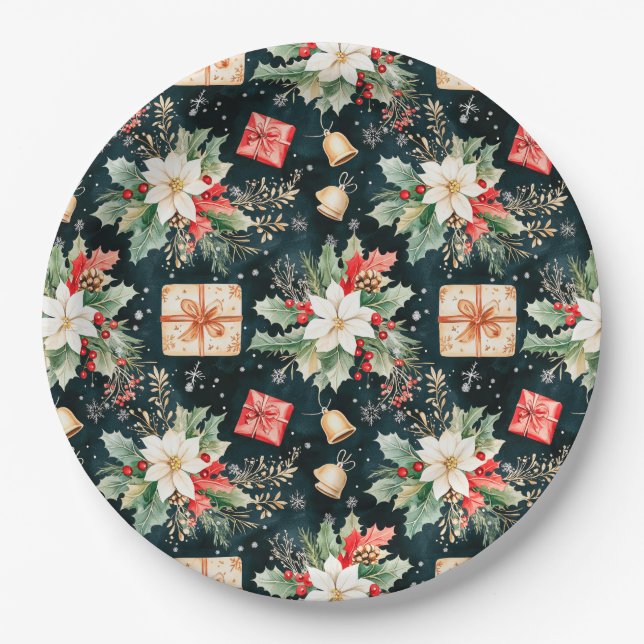 Christmas Festive Poinsettia Flowers Paper Plate (Front)