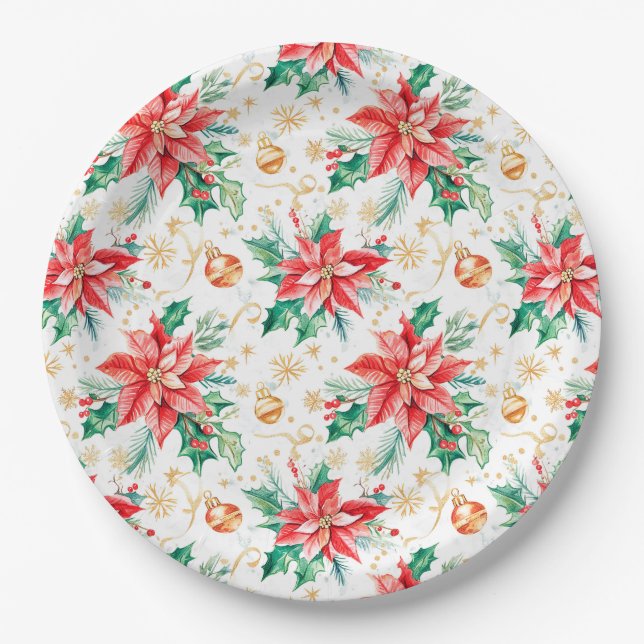 Christmas Festive Poinsettia Flowers Paper Plate (Front)