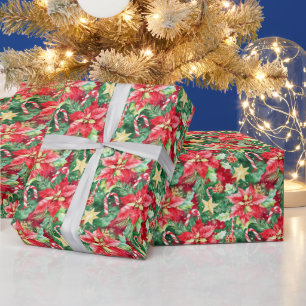 Christmas Festive Poinsettia Flowers Wrapping Paper