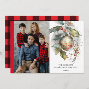 Christmas Festive Red Gold Holly Ornament Holiday Card