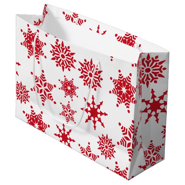 Christmas Festive Red & White Snowflakes Stars Large Gift Bag (Front Angled)