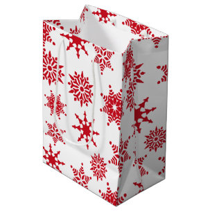 Christmas Festive White & Red Snowflakes Stars Medium Gift Bag
