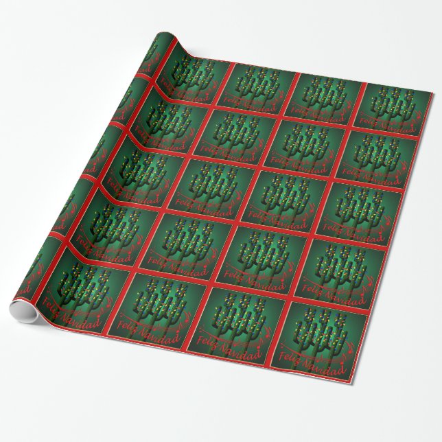 Christmas Fiesta  Feliz Navidad Cactus Tree Wrapping Paper (Unrolled)