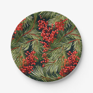 Christmas Fir Branches and Berries Paper Plate