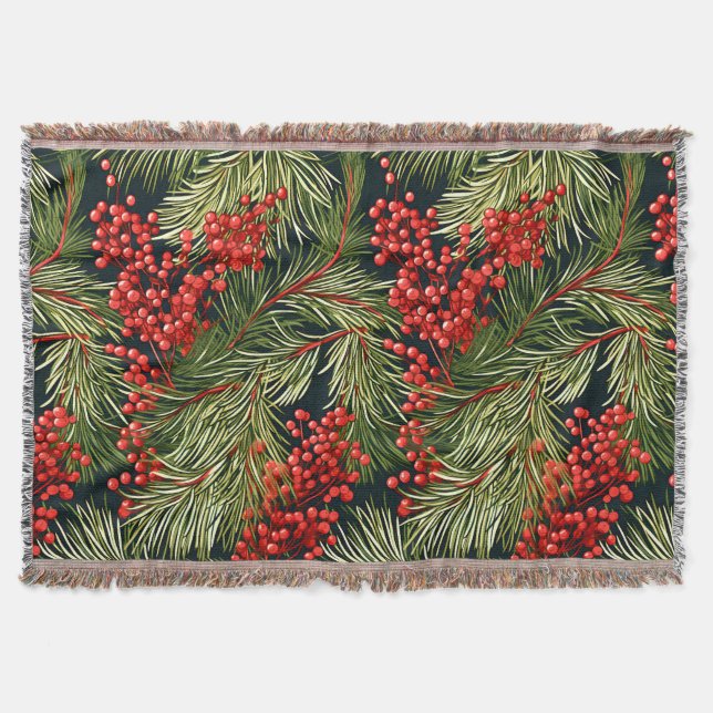 Christmas Fir Branches and Berries Throw Blanket (Front)
