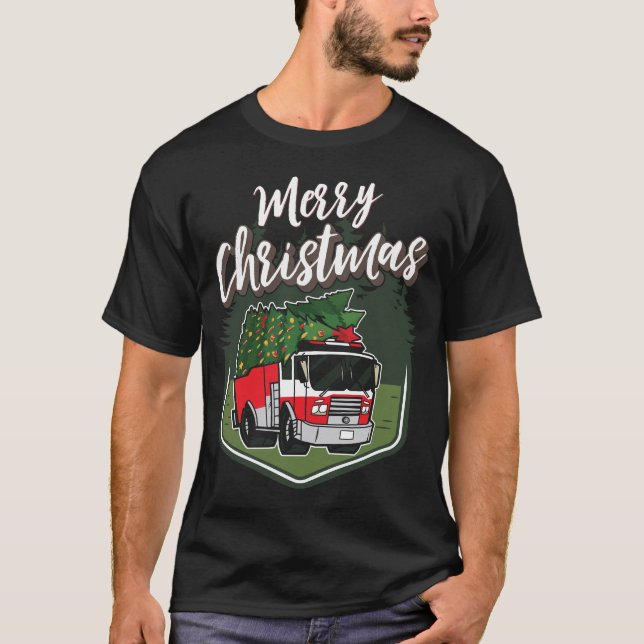 Christmas Fire Truck Xmas Tree T-Shirt (Front)