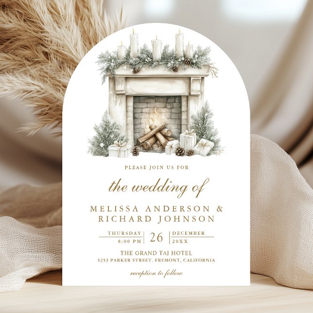 Christmas Fireplace Bow Photo QR Code Arch Wedding Invitation (Creator Uploaded)