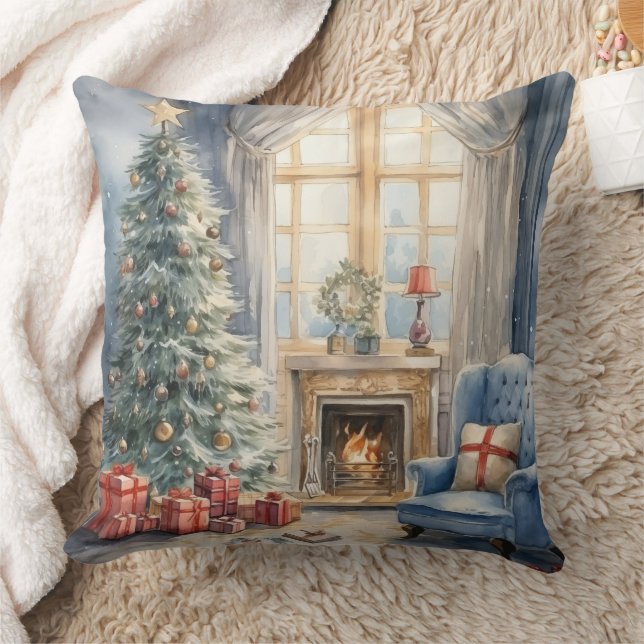 Christmas Fireplace Living Room Tree Blue Cushion (Blanket)