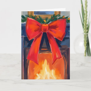 Christmas Fireplace   Red Bow Merry Watercolor  Holiday Card