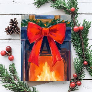 Christmas Fireplace   Red Bow Merry Watercolor  Holiday Postcard
