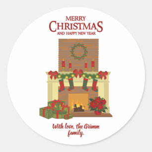 Christmas fireplace Red White Classic Round Sticker