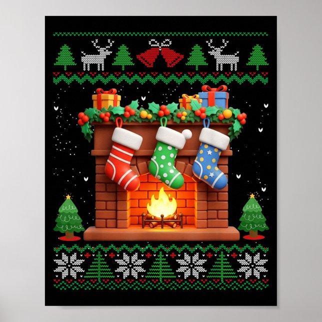 Christmas Fireplace Stockings Funny Ugly Christmas Poster (Front)