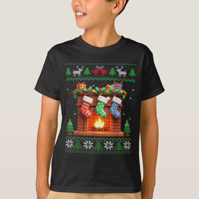 Christmas Fireplace Stockings Funny Ugly Christmas T-Shirt (Front)