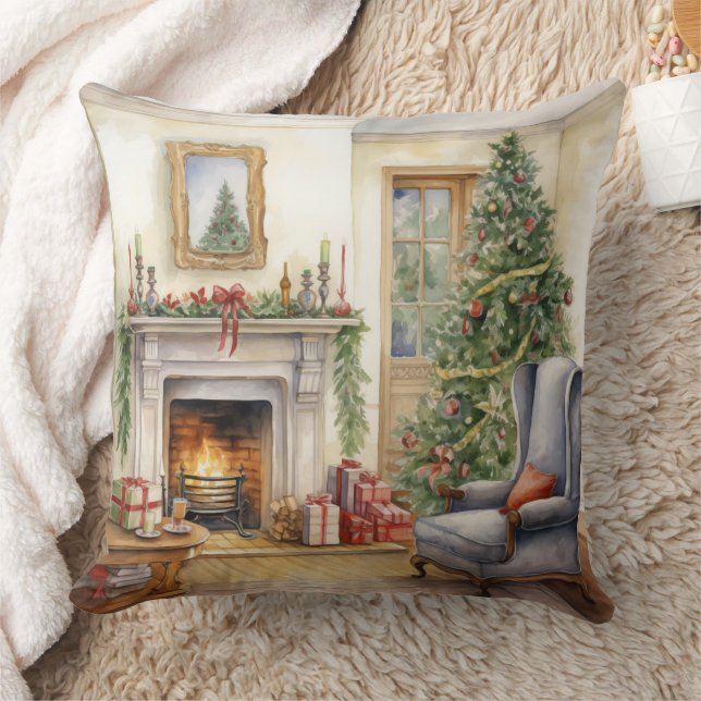 Christmas Fireplace Window Tree Blue Cushion (Blanket)