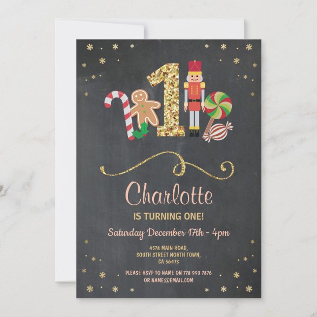 Christmas First One Birthday Holidays Chalk Invite (Front)