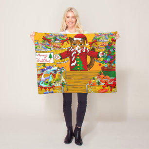 Christmas Fish Market Stall Cat Fleece Blanket