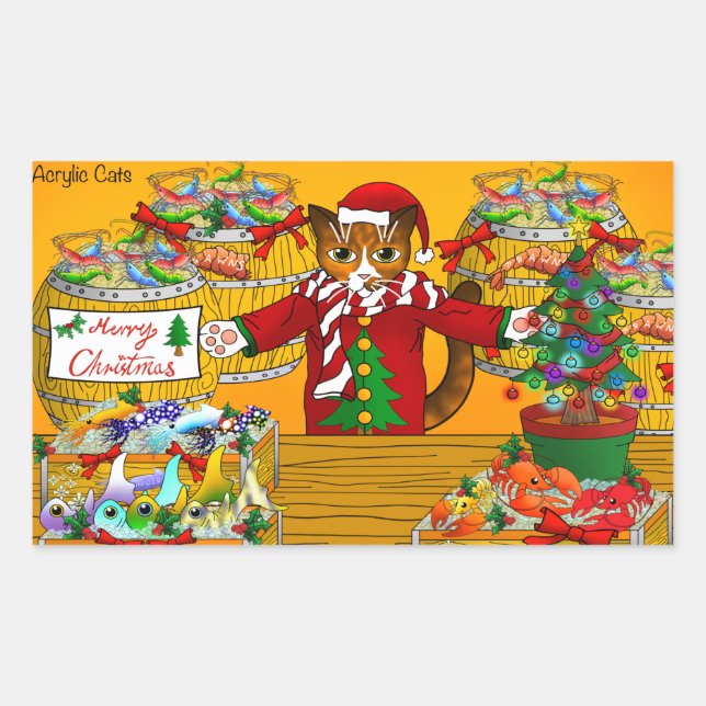 Christmas Fish Market Stall Cat Rectangular Sticker (Front)