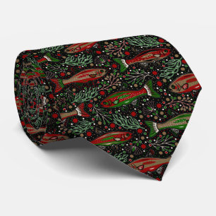 Christmas Fish Red Green Trout Freshwater Fishing Tie