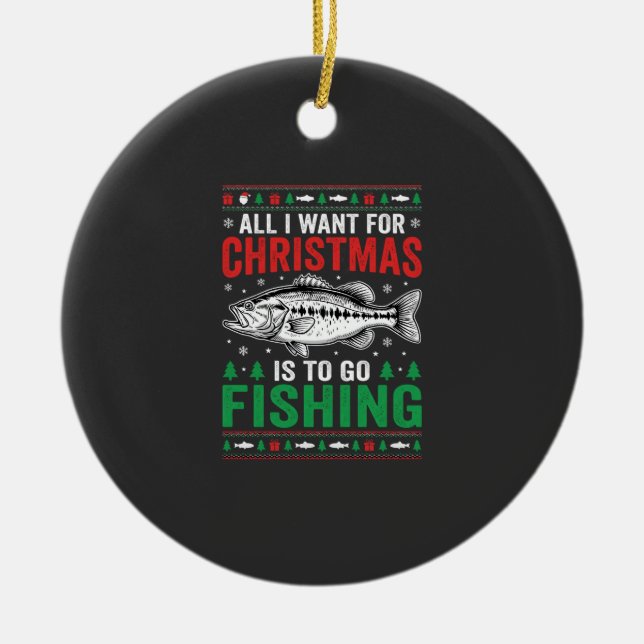 Christmas Fishing Bass Ugly Sweater Ceramic Tree Decoration (Front)