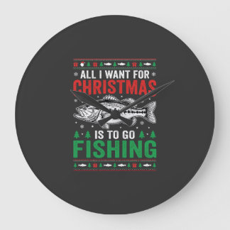 Christmas Fishing Bass Ugly Sweater Large Clock