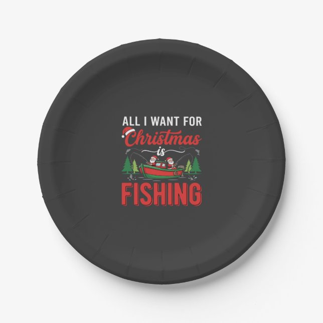 Christmas Fishing Santa Holiday Vector Paper Plate (Front)
