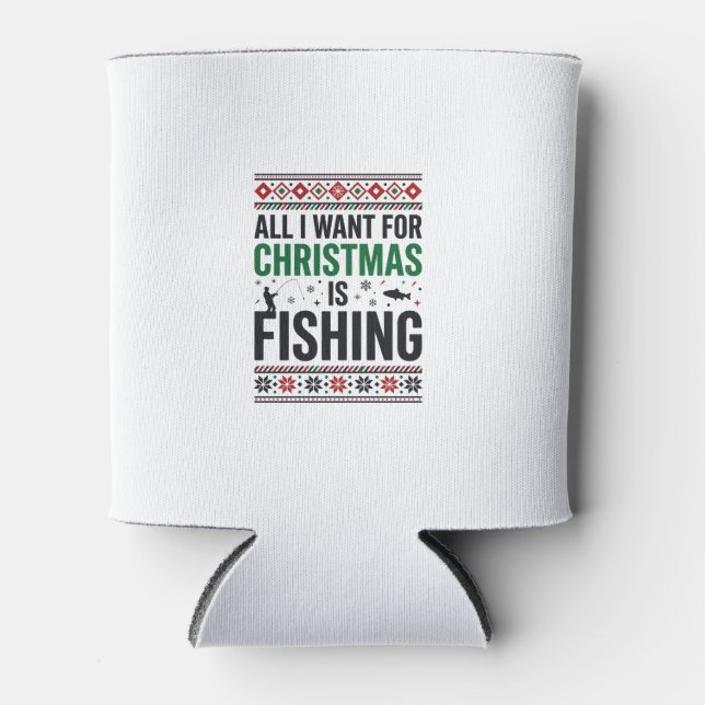 Christmas Fishing Ugly Sweater Design Can Cooler (Front)