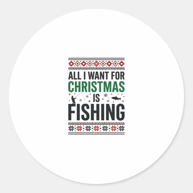Christmas Fishing Ugly Sweater Design Classic Round Sticker (Front)