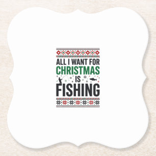 Christmas Fishing Ugly Sweater Design Paper Coaster