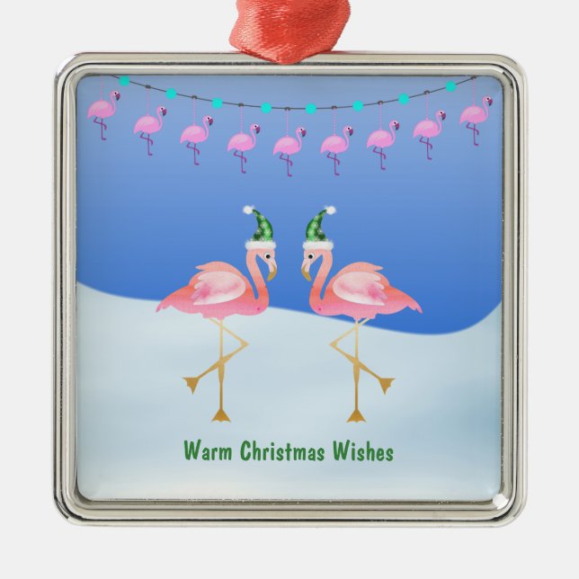 Christmas Flamingo and Lights - Warm Wishes Metal Tree Decoration (Front)