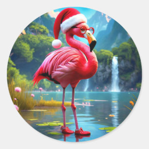 Christmas Flamingo As Santa Claus-47476 Classic Round Sticker
