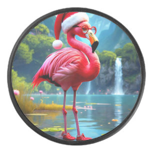 Christmas Flamingo As Santa Claus-47476 Hockey Puck