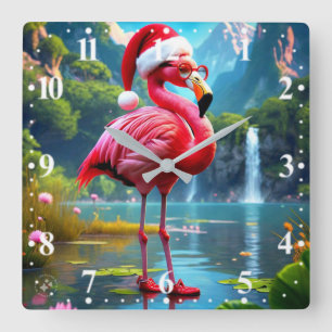 Christmas Flamingo As Santa Claus-47476 Square Wall Clock