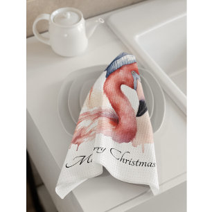 Christmas Flamingo, customisable Tea Towel