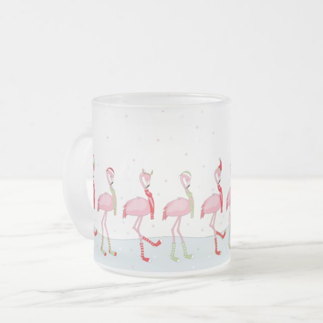 Christmas flamingo frosted glass coffee mug (Front Left)