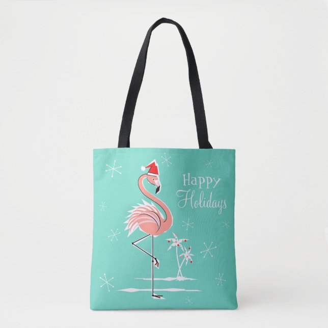 Christmas Flamingo Happy Holidays all over tote (Front)