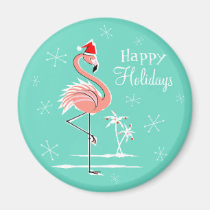 Christmas Flamingo Happy Holidays magnet round