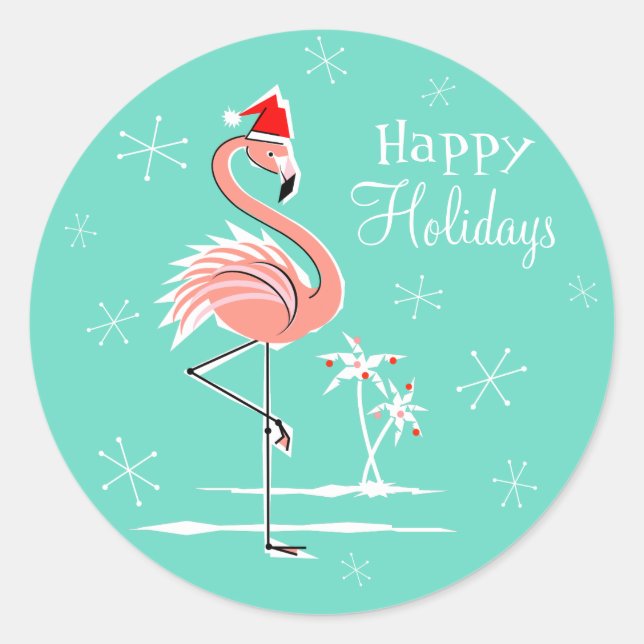 Christmas Flamingo Happy Holidays sticker round (Front)